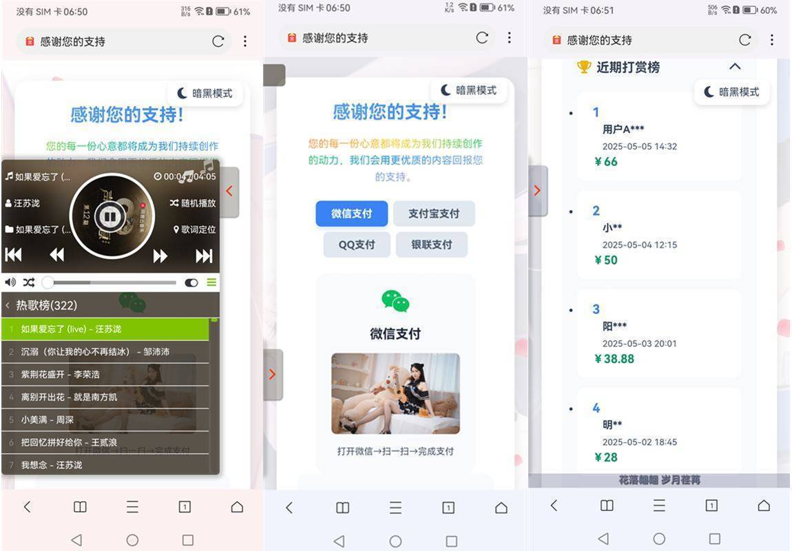 一款自适应好看的打赏页面HTML源码带音乐播放器 第2张